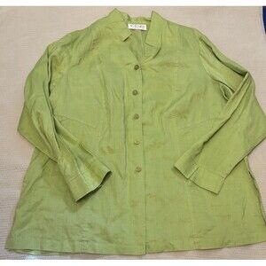 TOTOnKO Women XL 100% Linen Buttoned Long Sleeve Tunic Lime Green Summer Minimal